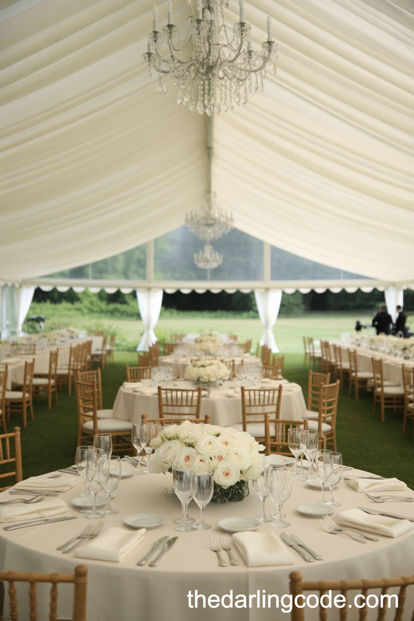 Elegant Tent Reception With Chandeliers And Roses