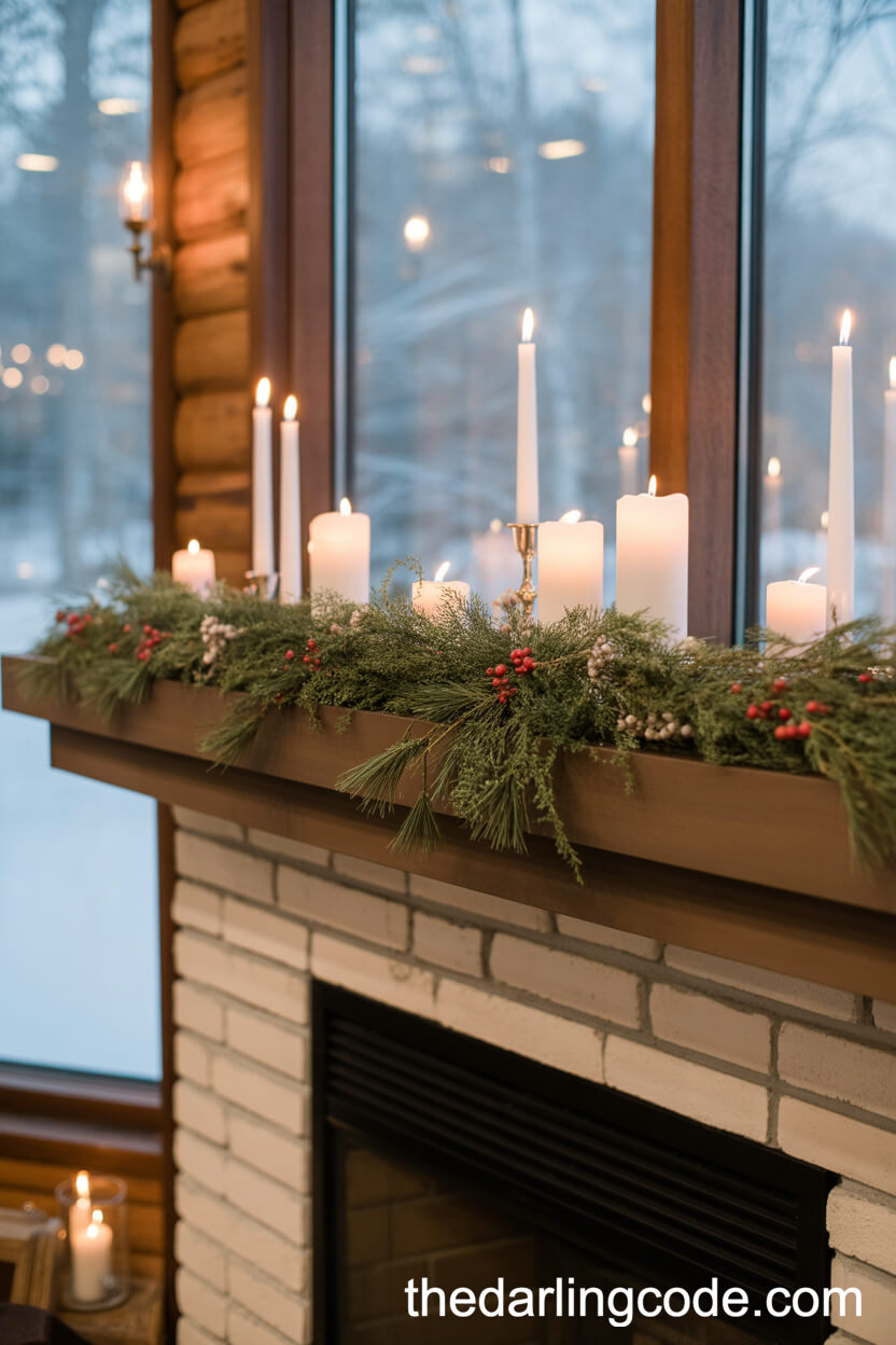 Festive Winter Mantel With Pine Garland And Candles