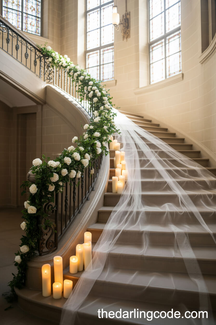 Grand Staircase Draped In Tulle And Greenery