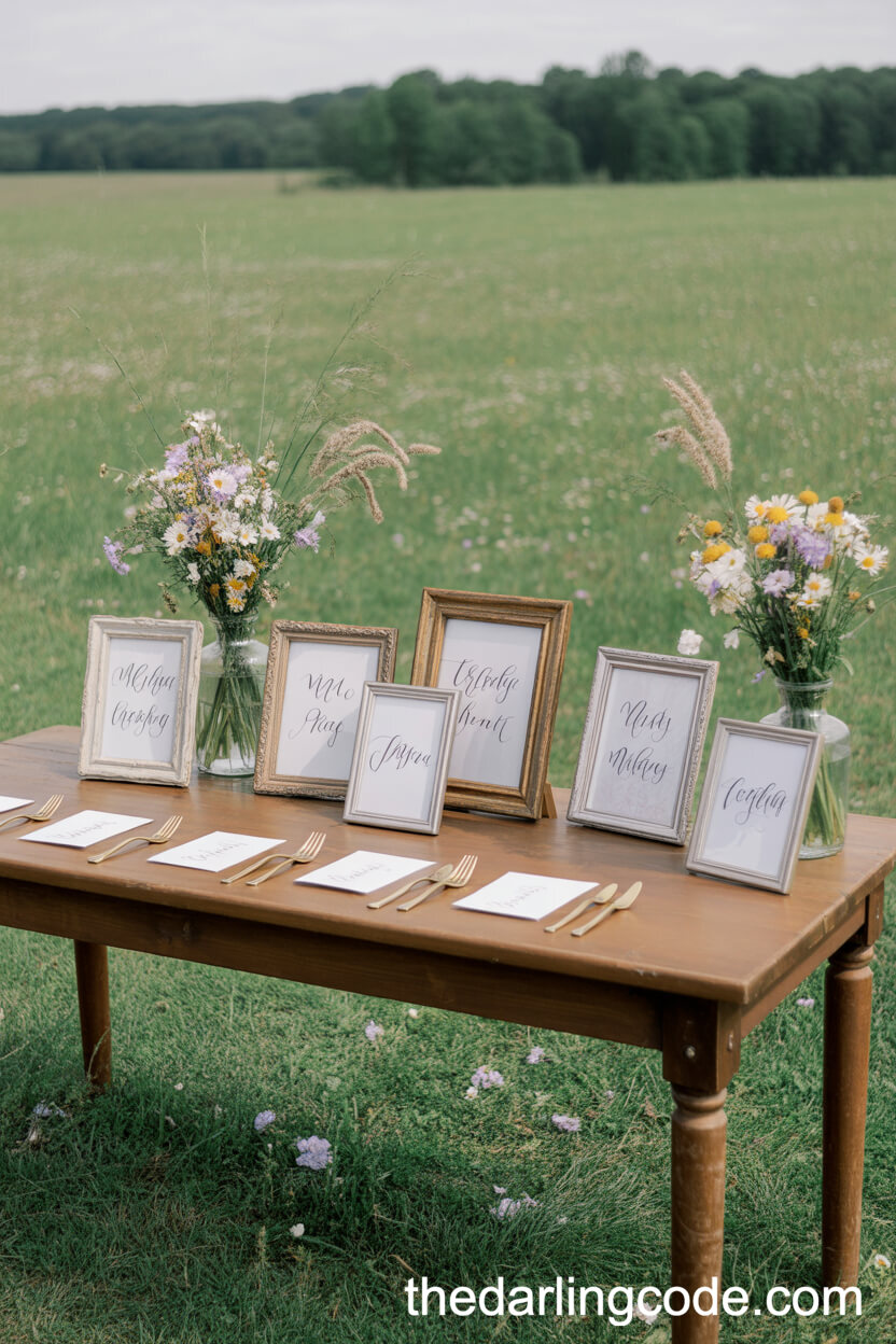 Escort Card Display With Vintage Frames And Wildflowers