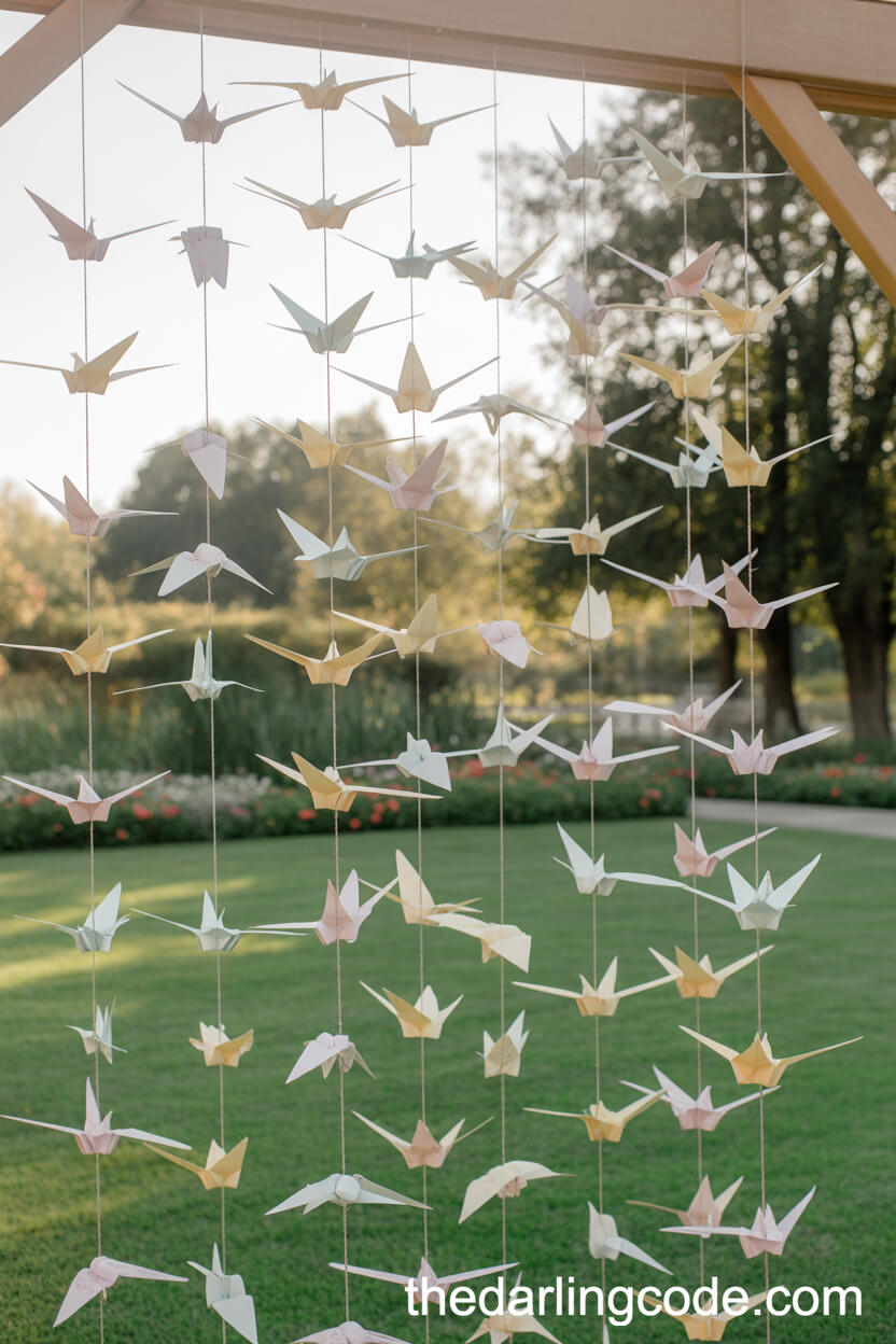 Hanging Paper Cranes For Whimsical Ceremony Backdrop