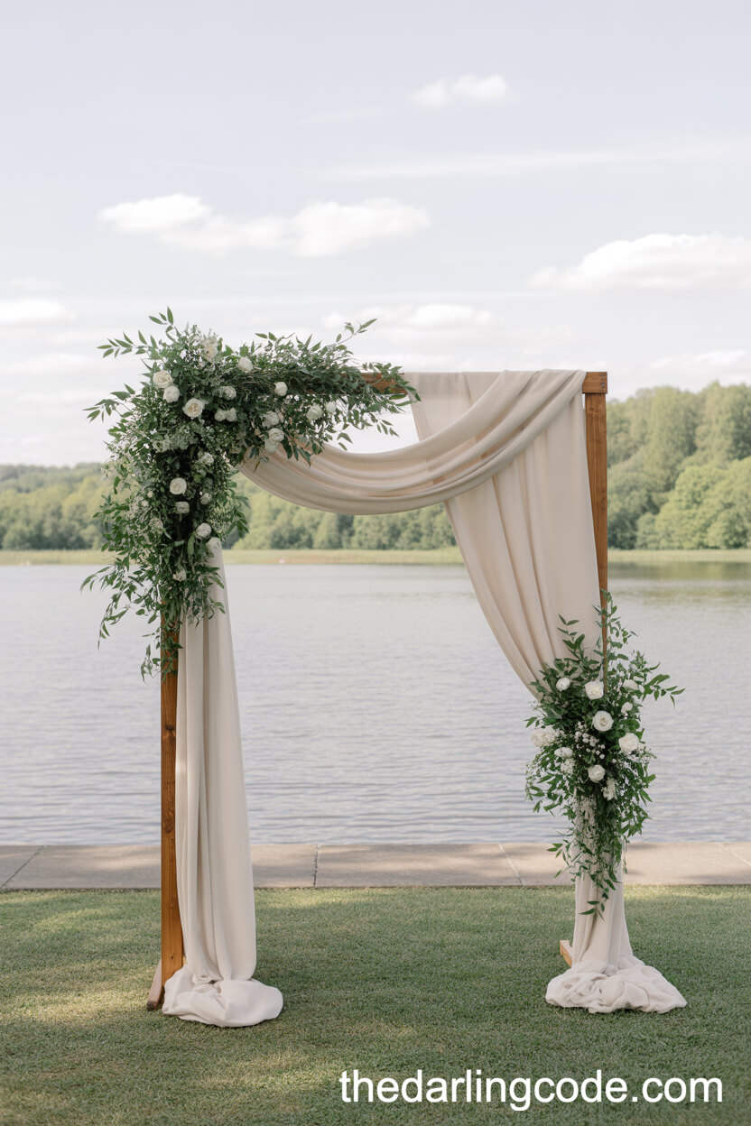 Minimalist Wooden Arch With Draped Florals