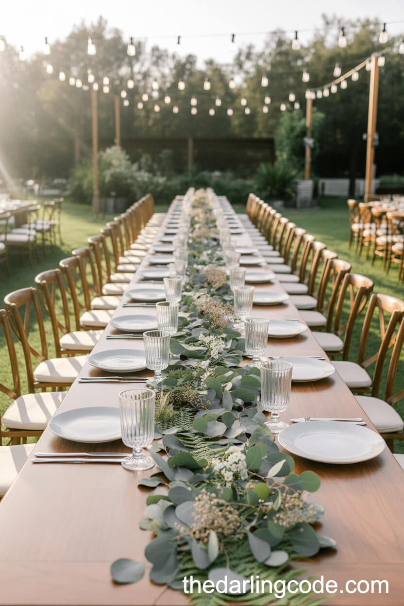 Banquet Table With Eucalyptus Runner Outdoors