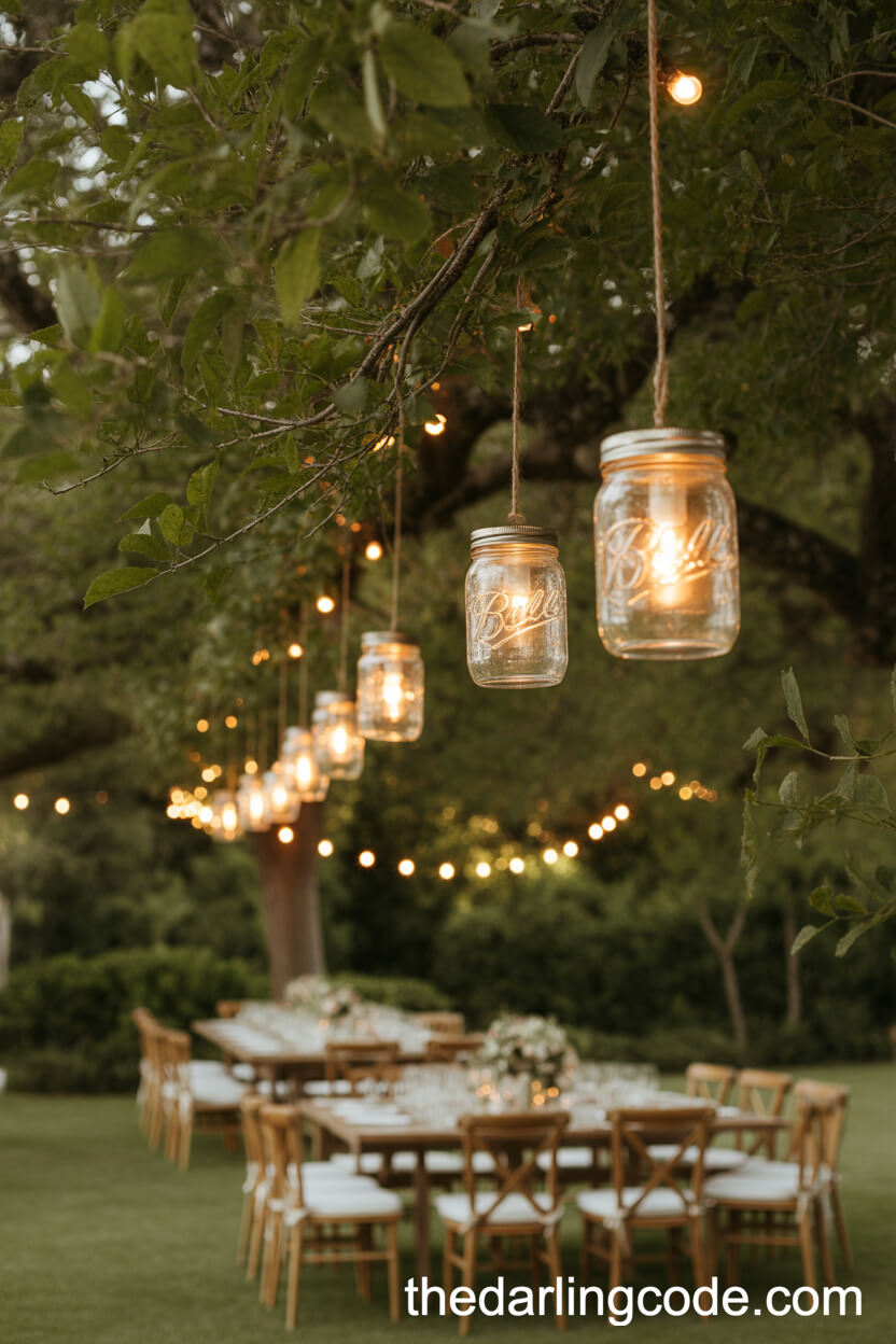 Mason Jar Fairy Lights In Garden Setting
