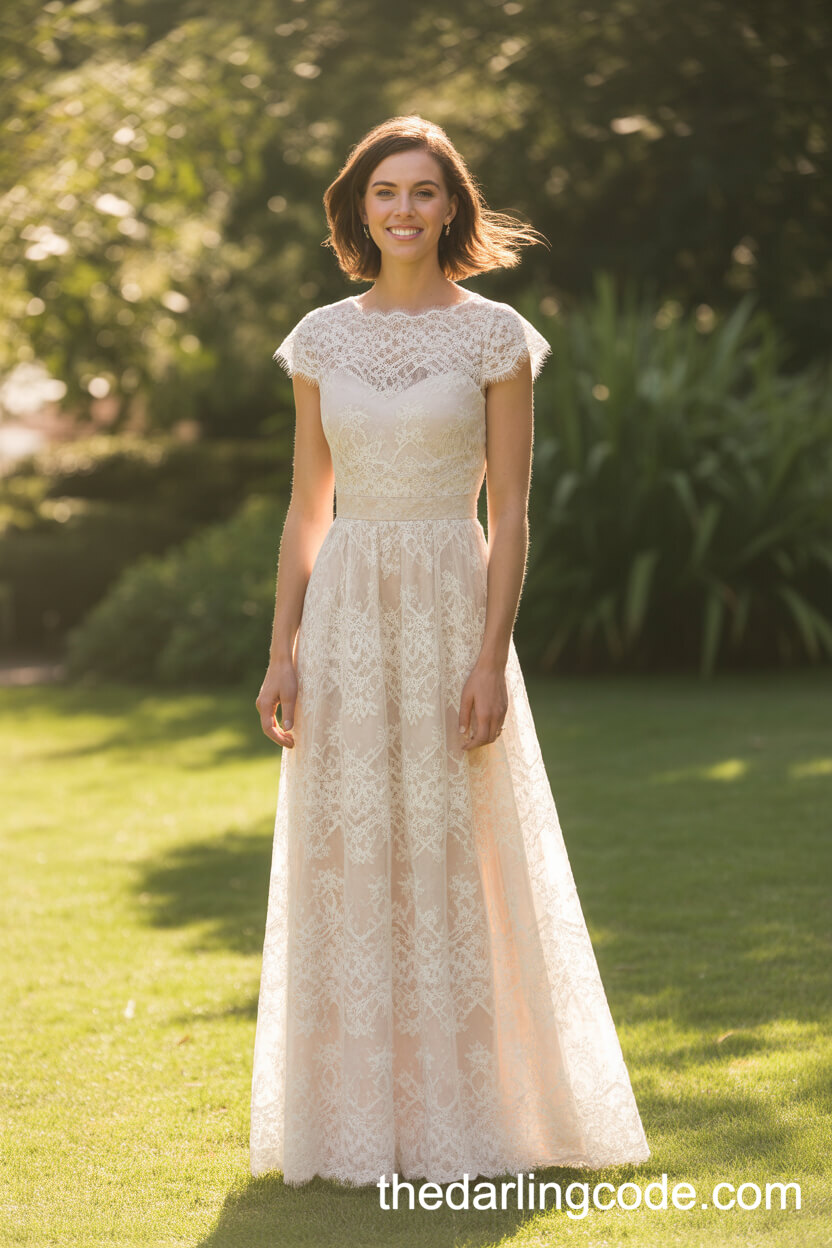 Classic White Lace Wedding Dress With Cap Sleeves