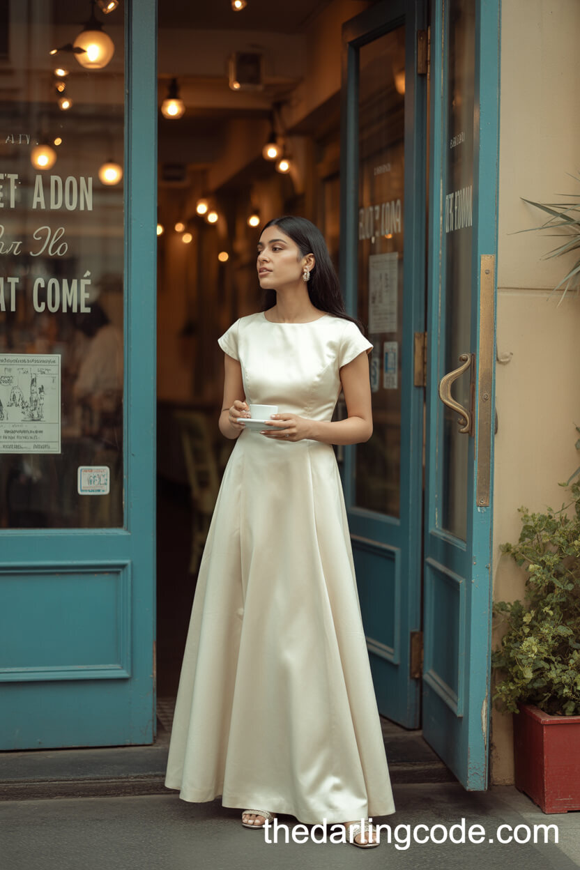 Simple Capped-Sleeve Ivory Wedding Dress