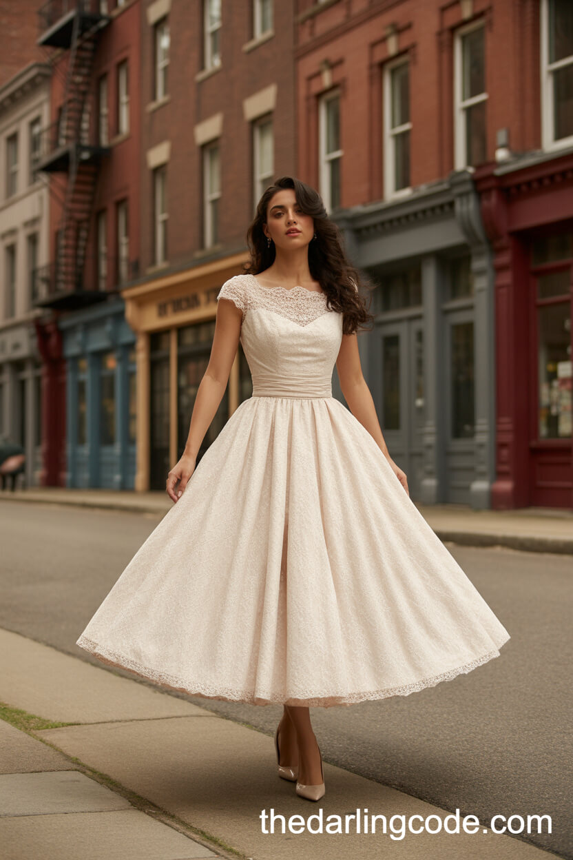 Vintage-Inspired Tea-Length Wedding Dress With Bateau Neckline