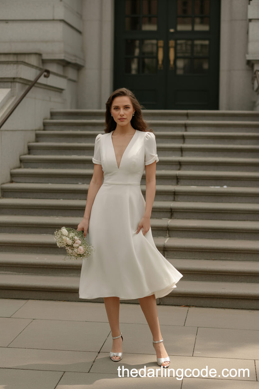 Modern Knee-Length White Wedding Dress For Courthouse Ceremonies
