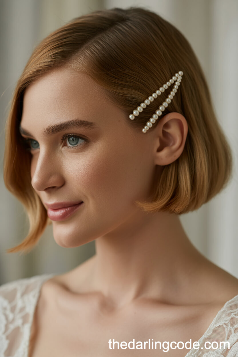 Sleek Short Bob With Pearl Hairpin