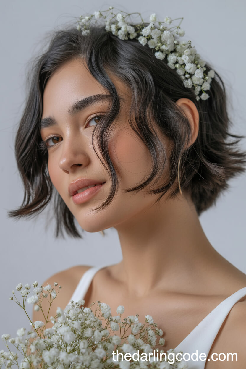 Modern Short Shag With Baby’s Breath Flowers