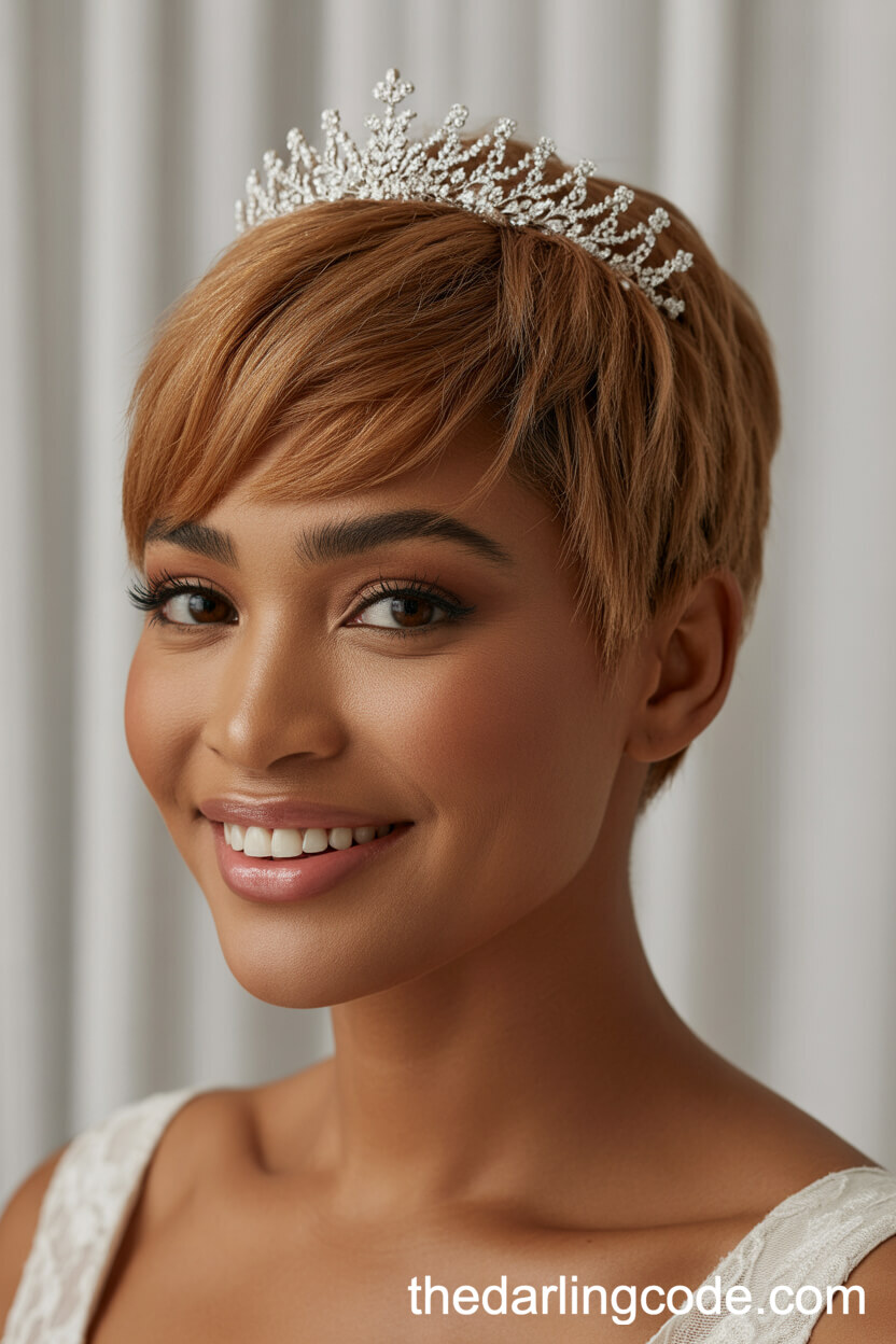 Feathered Pixie Cut With Bridal Tiara