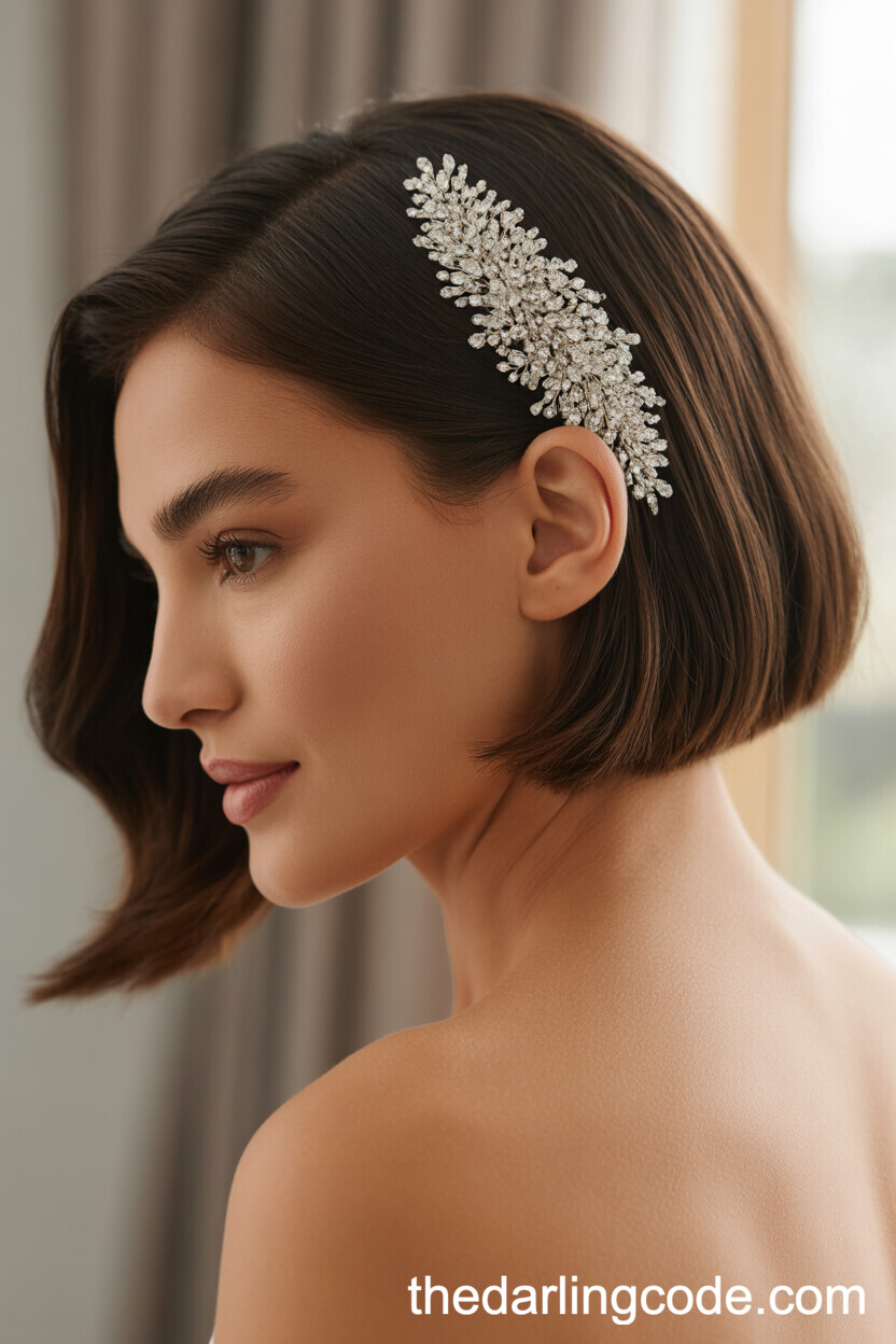 Chin-Length Sleek Bob With Deep Side Part And Crystal Hairpiece