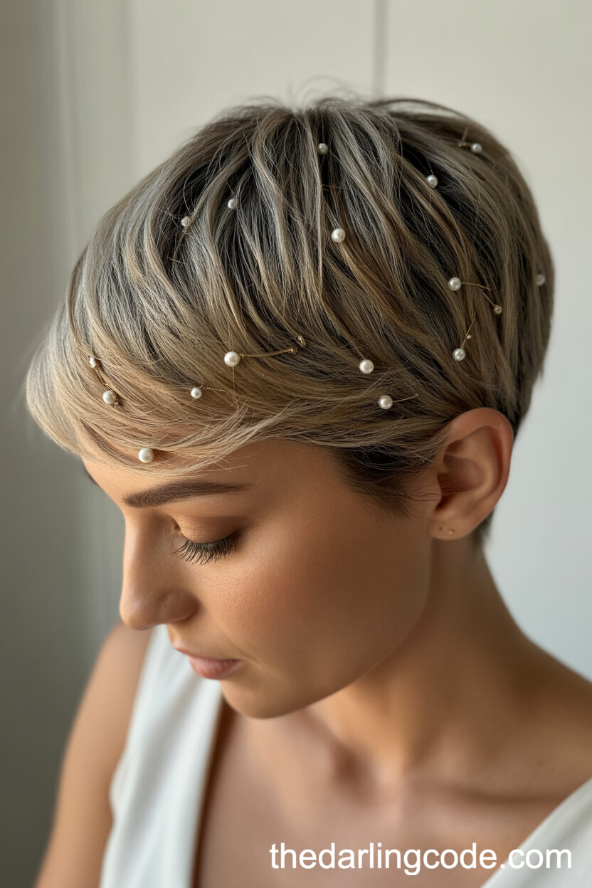 True Pixie Cut With Scattered Pearl Pins