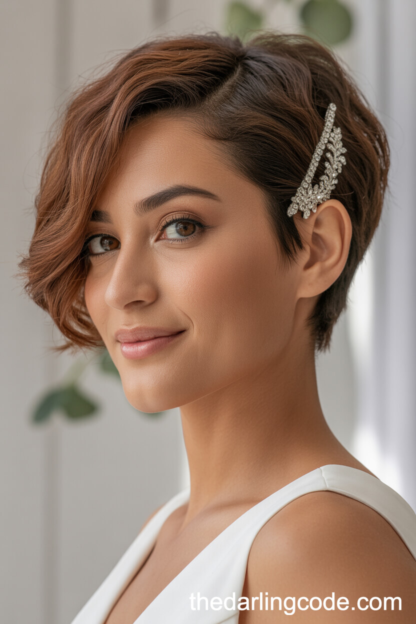 Side-Swept Pixie Cut With Rhinestone Clip