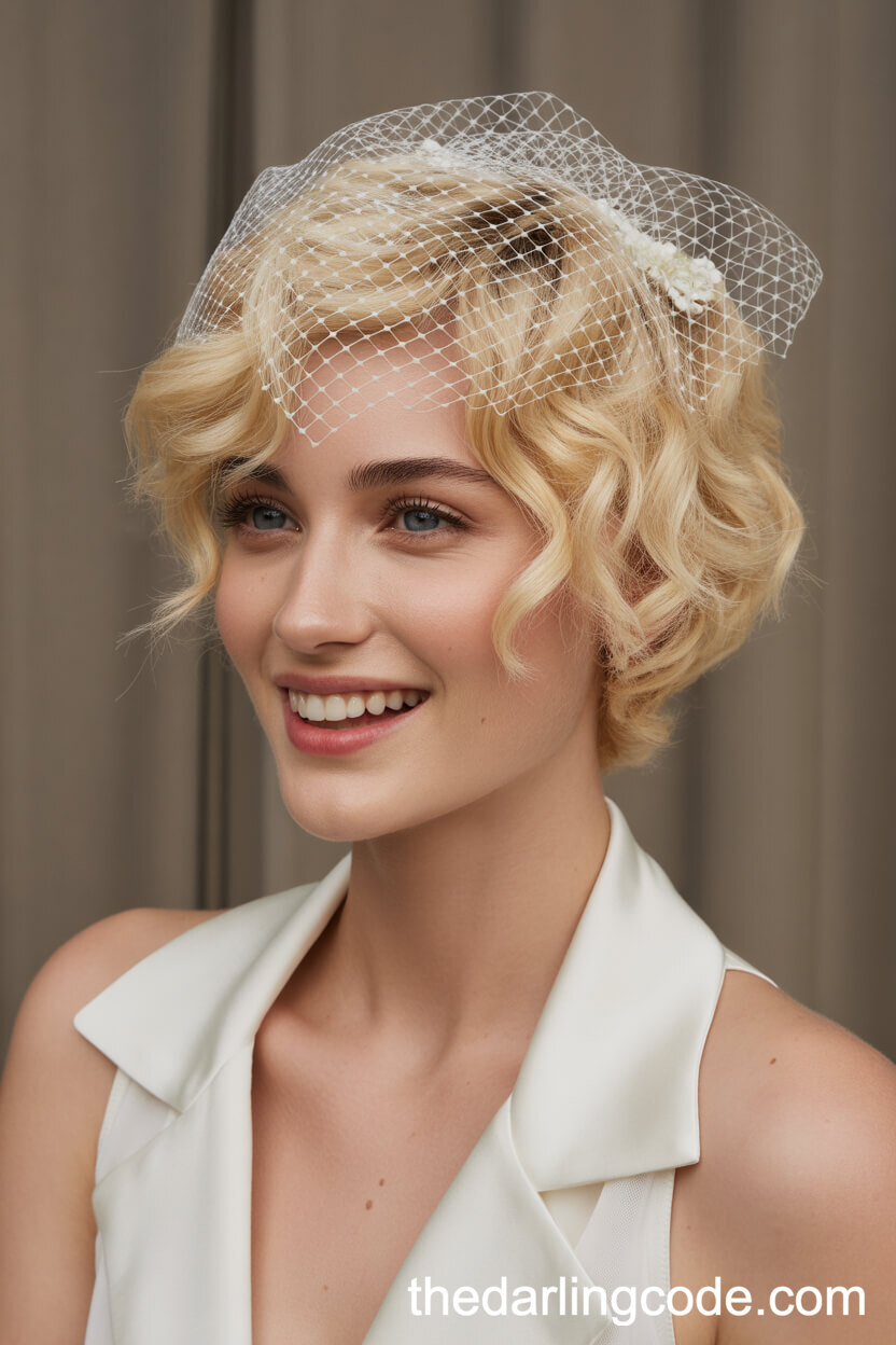 Textured Blonde Curls With Mini Bridal Veil