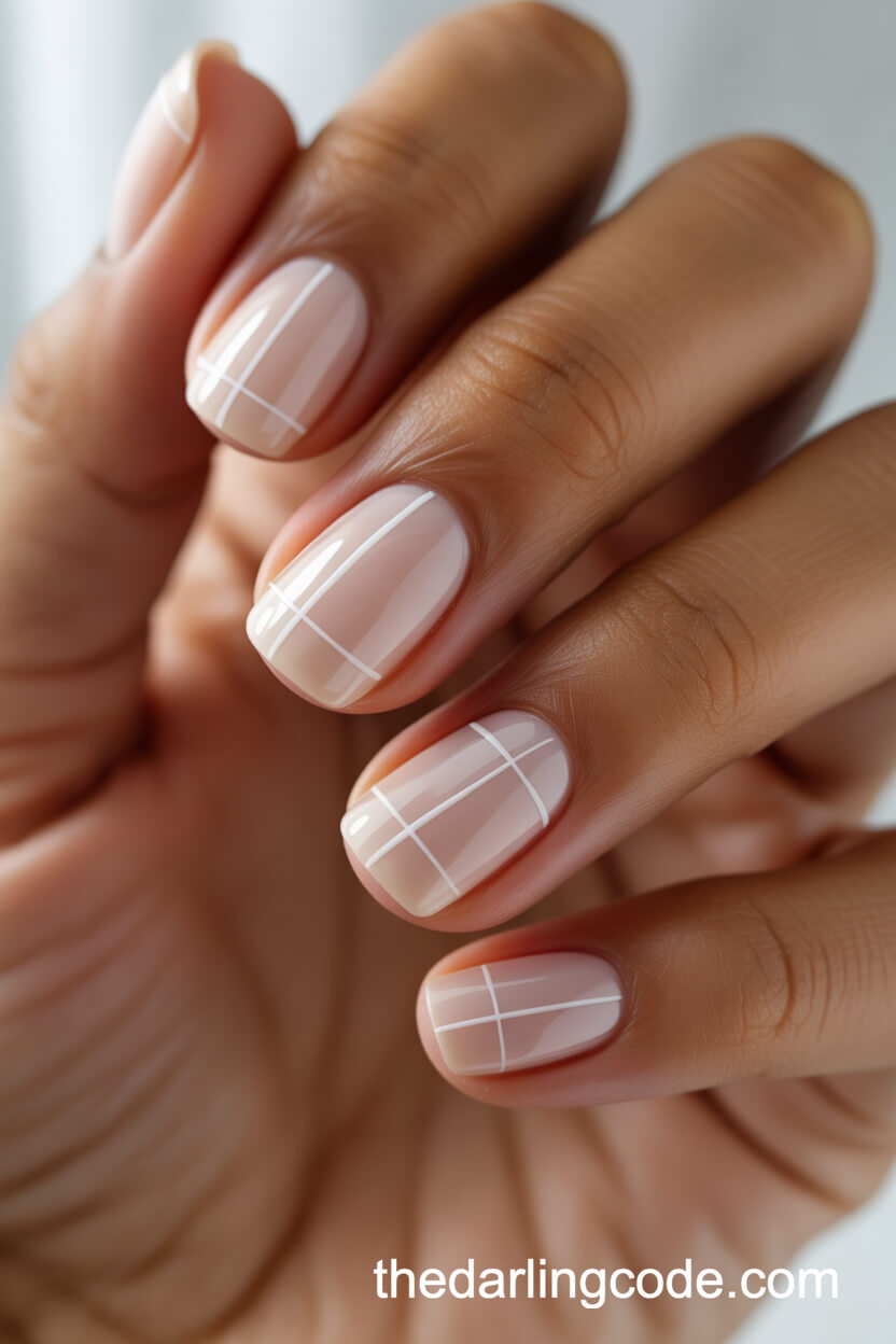 Sheer Nude Square Nails With Minimalist White Lines
