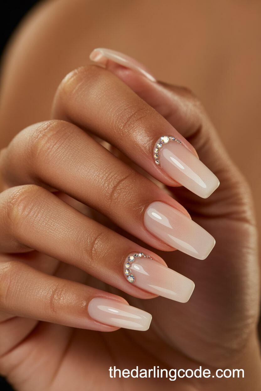 Nude Coffin Nails With Rhinestone Accents