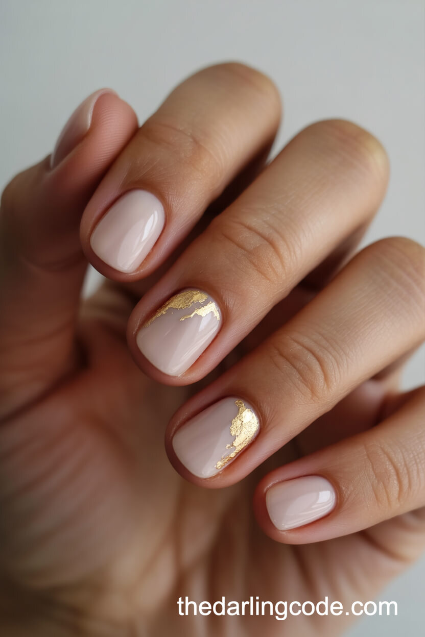 Minimalist Nude Short Round Nails With Gold Leaf
