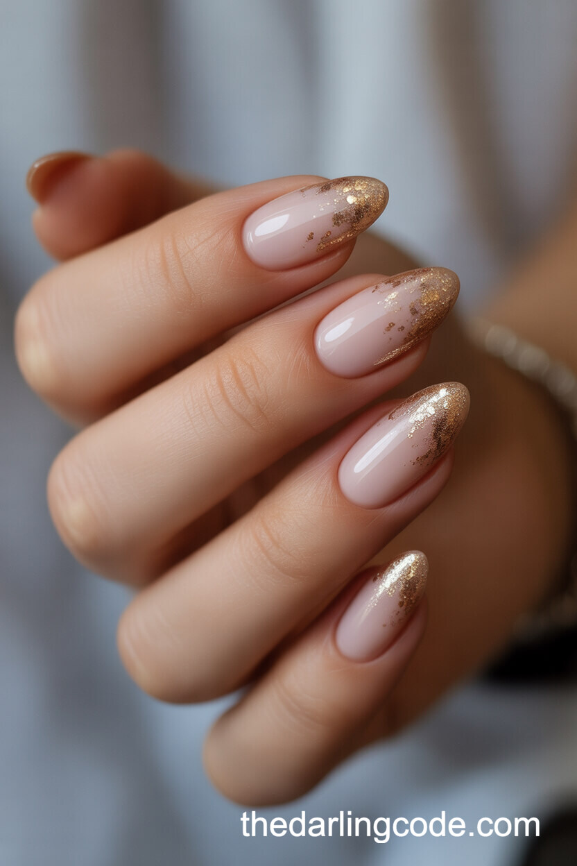 Nude Pink Almond Nails With Gold Glitter Tips