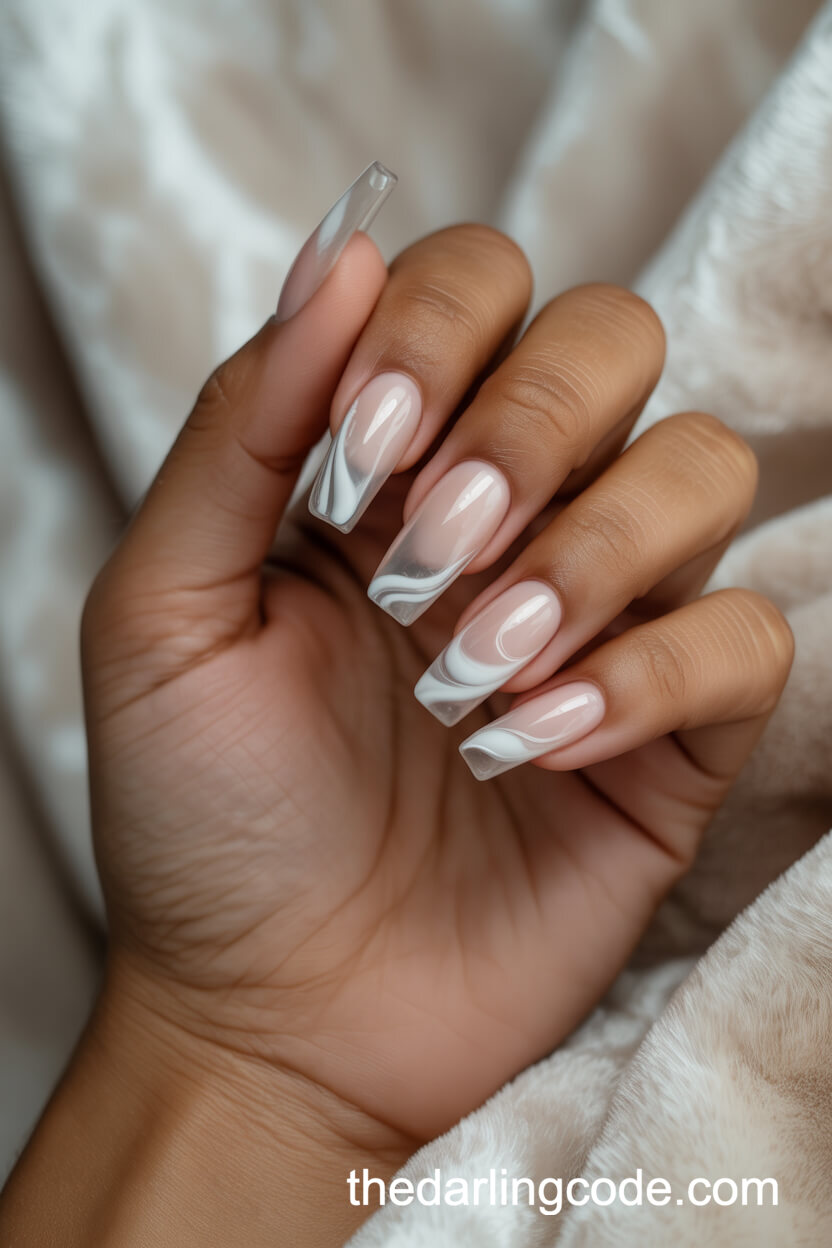 Clear Coffin Nails With Soft White Swirls
