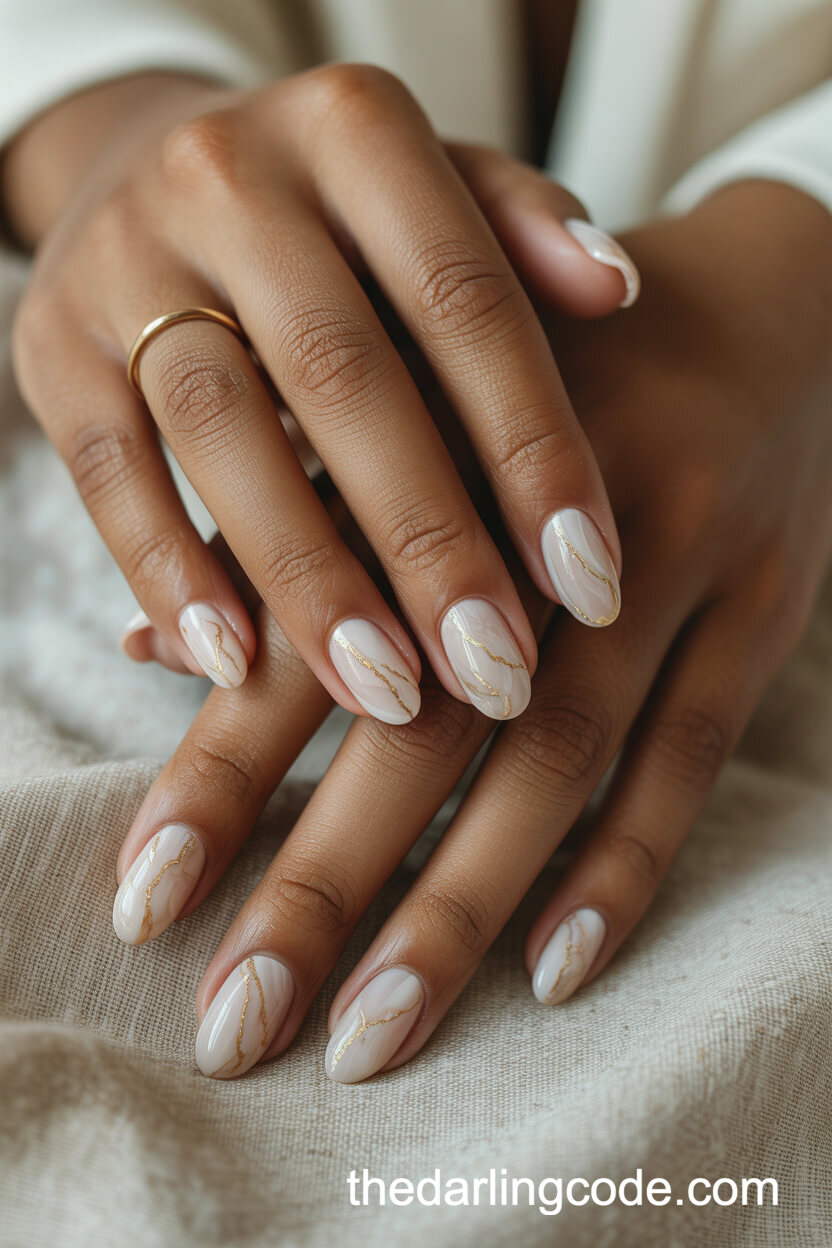 Nude And White Marble Oval Nails With Gold Veining