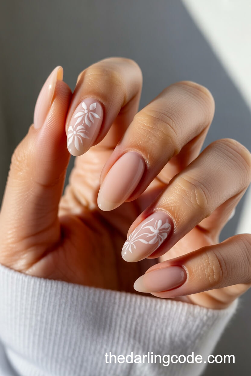 Nude Almond Nails With Delicate White Florals
