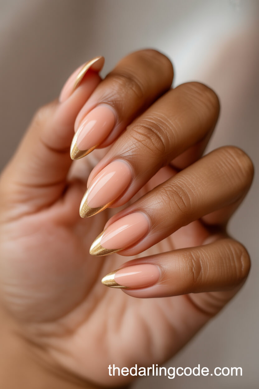 Peachy Nude Stiletto Nails With Gold Foil Tips