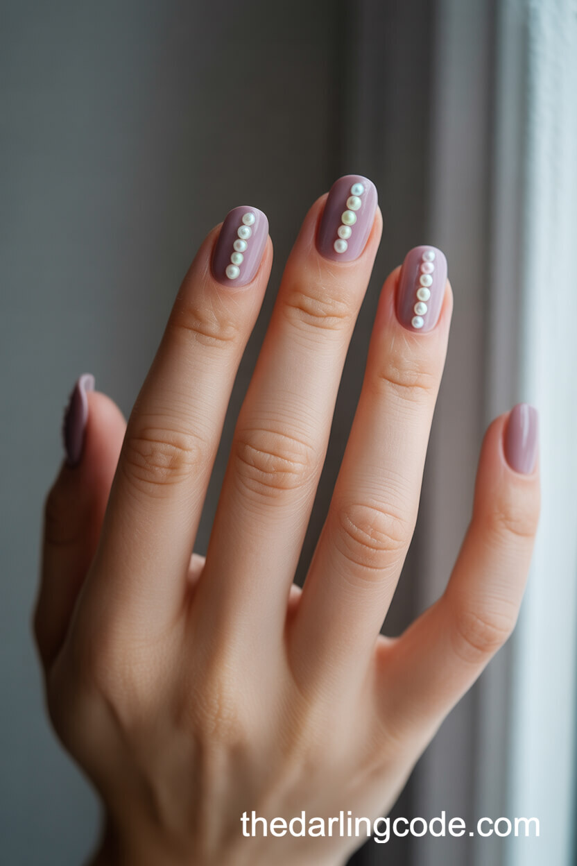 Mauve Round Nails With Pearl Accents