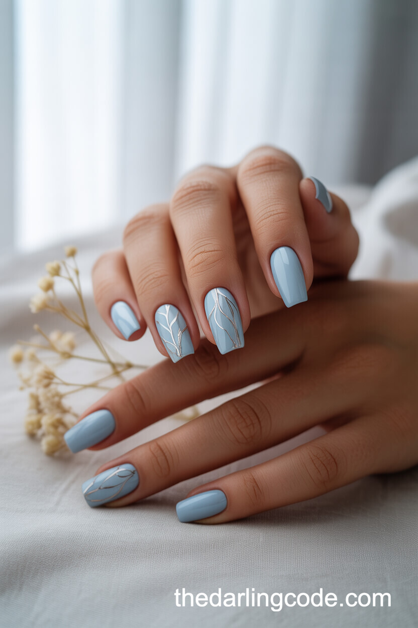 Pale Blue Coffin Nails With Silver Line Art