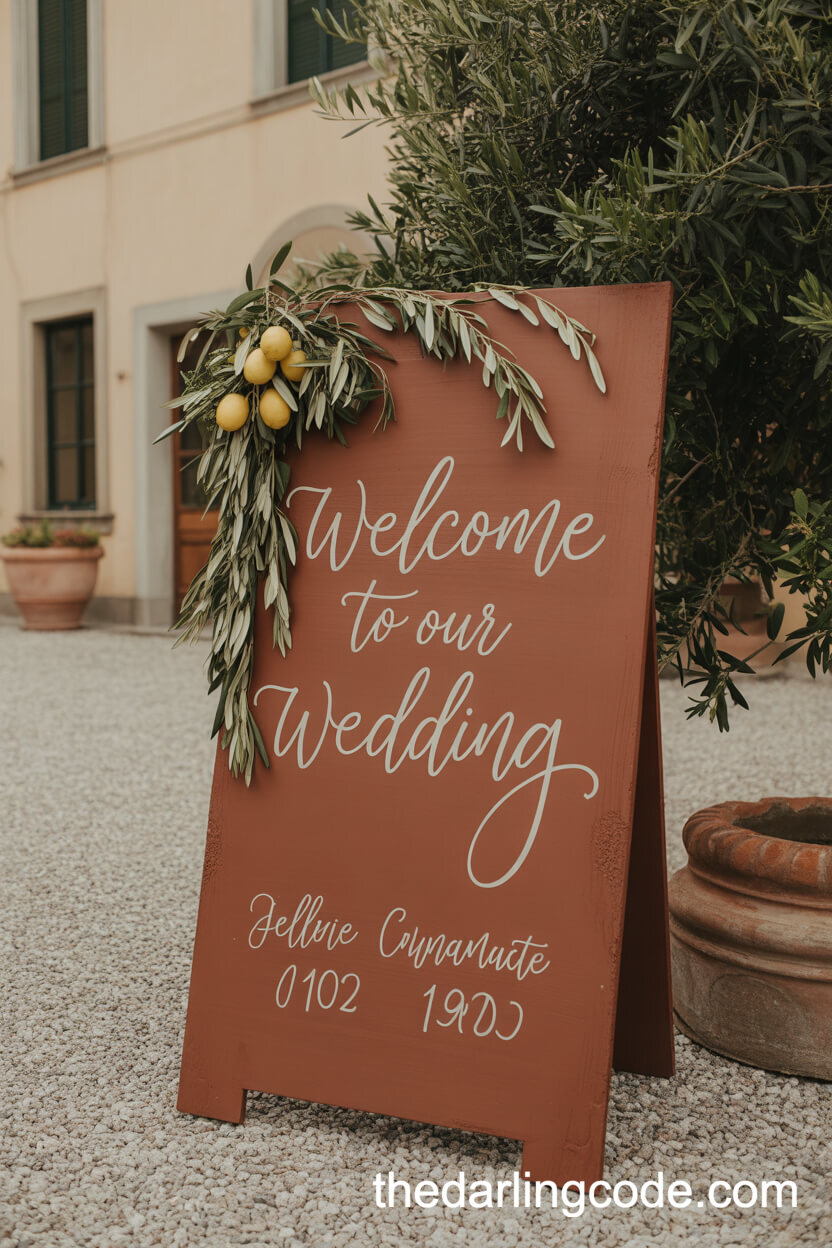 Rustic Terracotta Welcome Sign With Olive And Lemon Accents