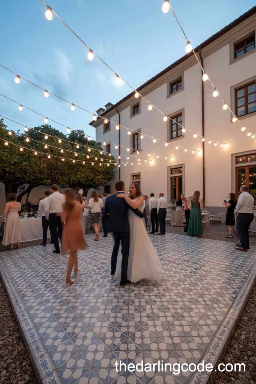 Patterned Tile Dance Floor Under String Lights
