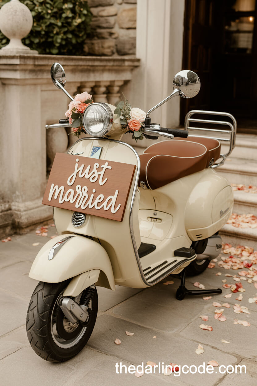 Just Married Vespa Decorated With Flowers