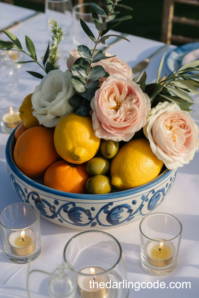 Colorful Citrus And Floral Centerpiece For Wedding Tables