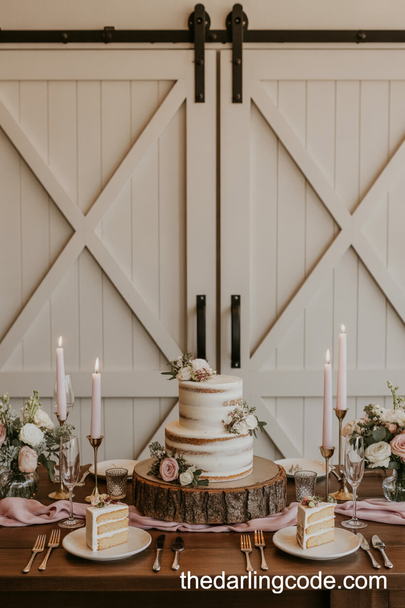 Wedding Cake Display Against Classic Barn Doors