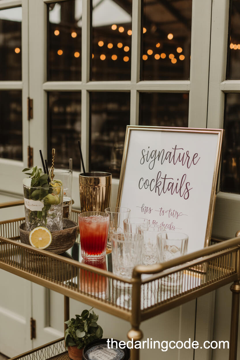 Vintage Bar Cart And Signature Wedding Cocktails