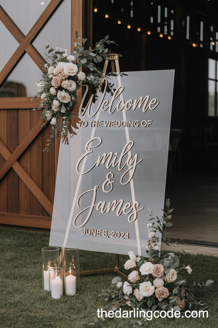Acrylic Welcome Sign Surrounded By Florals