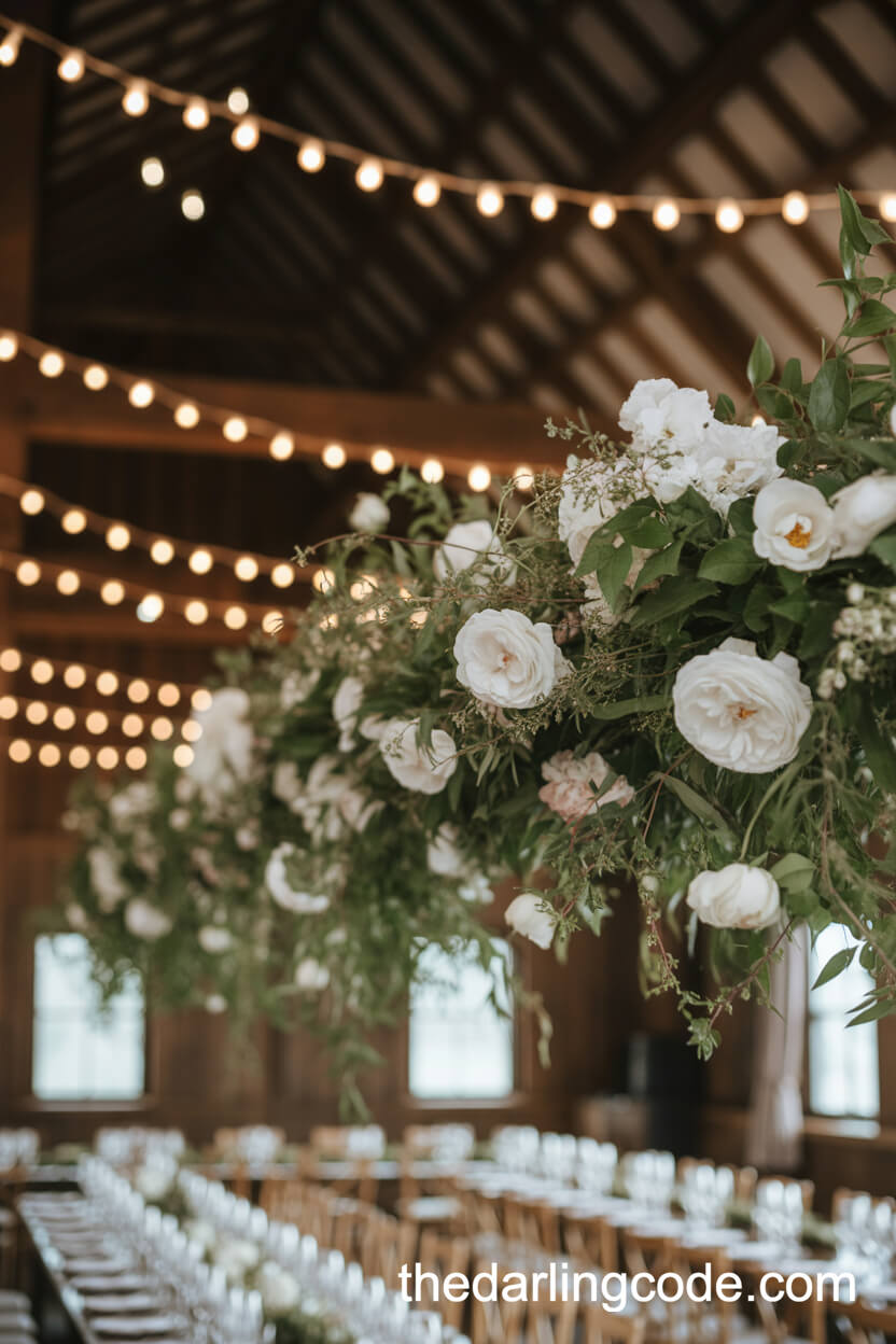 Romantic Hanging Florals And Twinkle Lights Idea