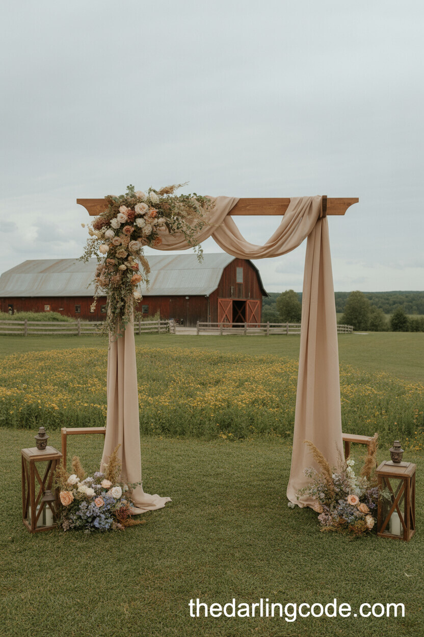 Outdoor Ceremony Arch With Florals And Lanterns