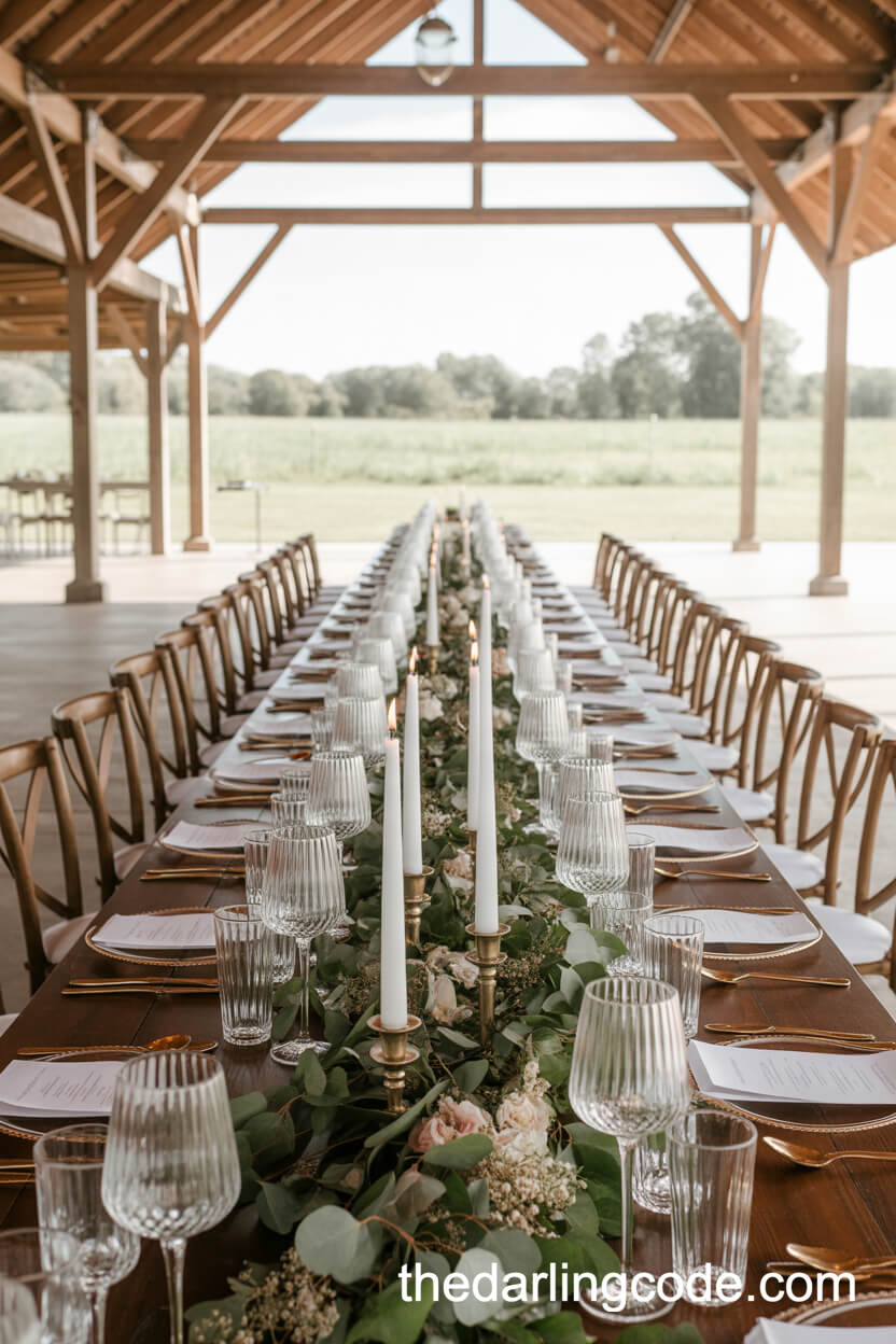 Farm Table Reception With Garland And Gold Accents