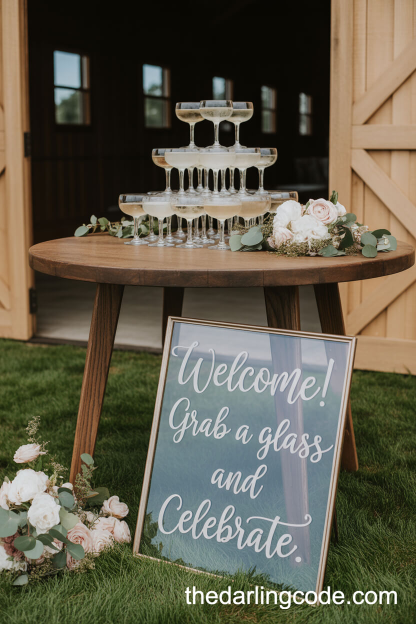 Champagne Welcome Table With Elegant Calligraphy