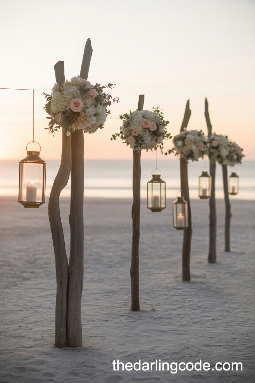 Lantern-Lined Aisle With Driftwood Posts