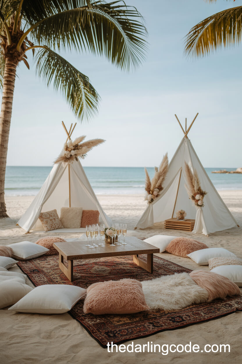 Boho-Chic Beach Wedding Lounge Setup