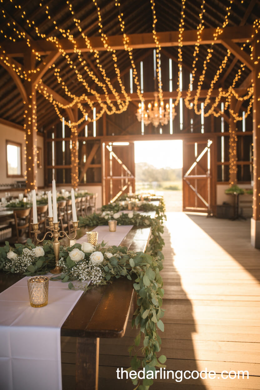 Romantic Barn Reception with Elegant Table Settings