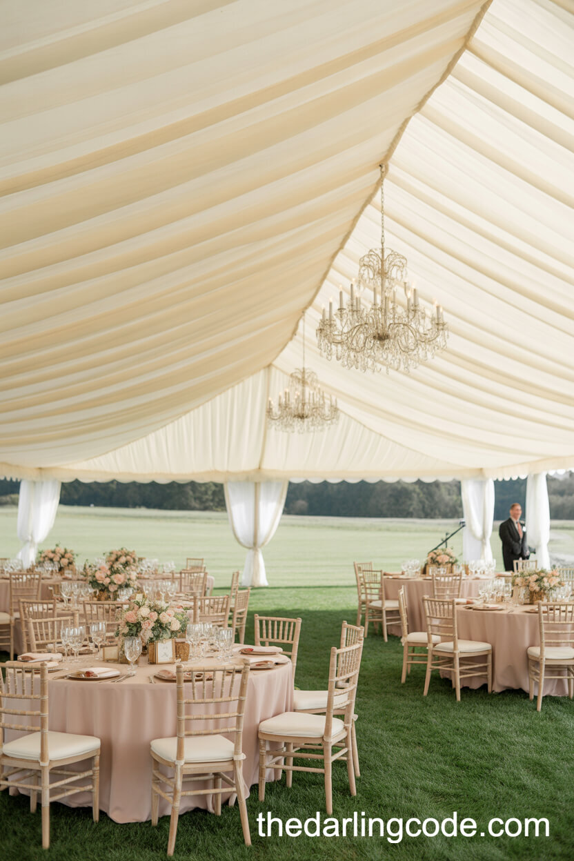 Luxurious Tent Reception with Chandeliers and Lawn Views