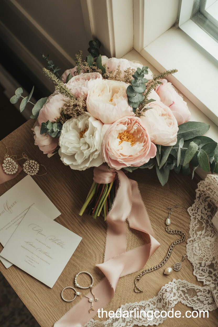 Bridal Bouquet Flat Lay with Invitations and Heirloom Details