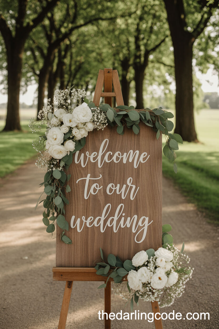 Rustic Wooden Welcome Sign with Fresh Greenery