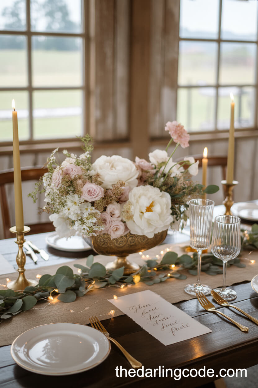 Lavish Barn Reception Table with Lush Centerpiece