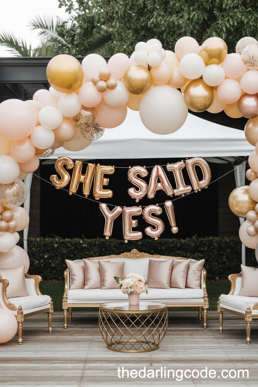 Elegant Patio Party With Floral And Balloon Arch