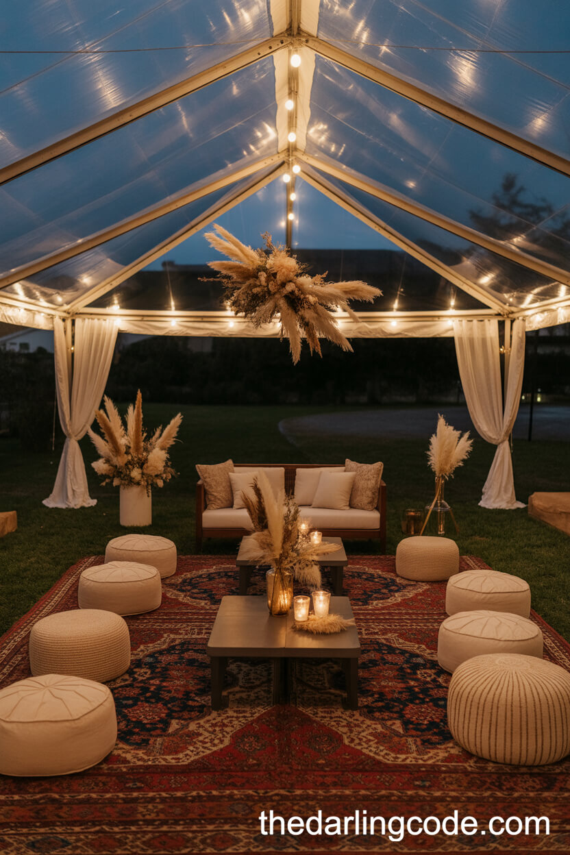 Boho Lounge Engagement Under A Clear Tent