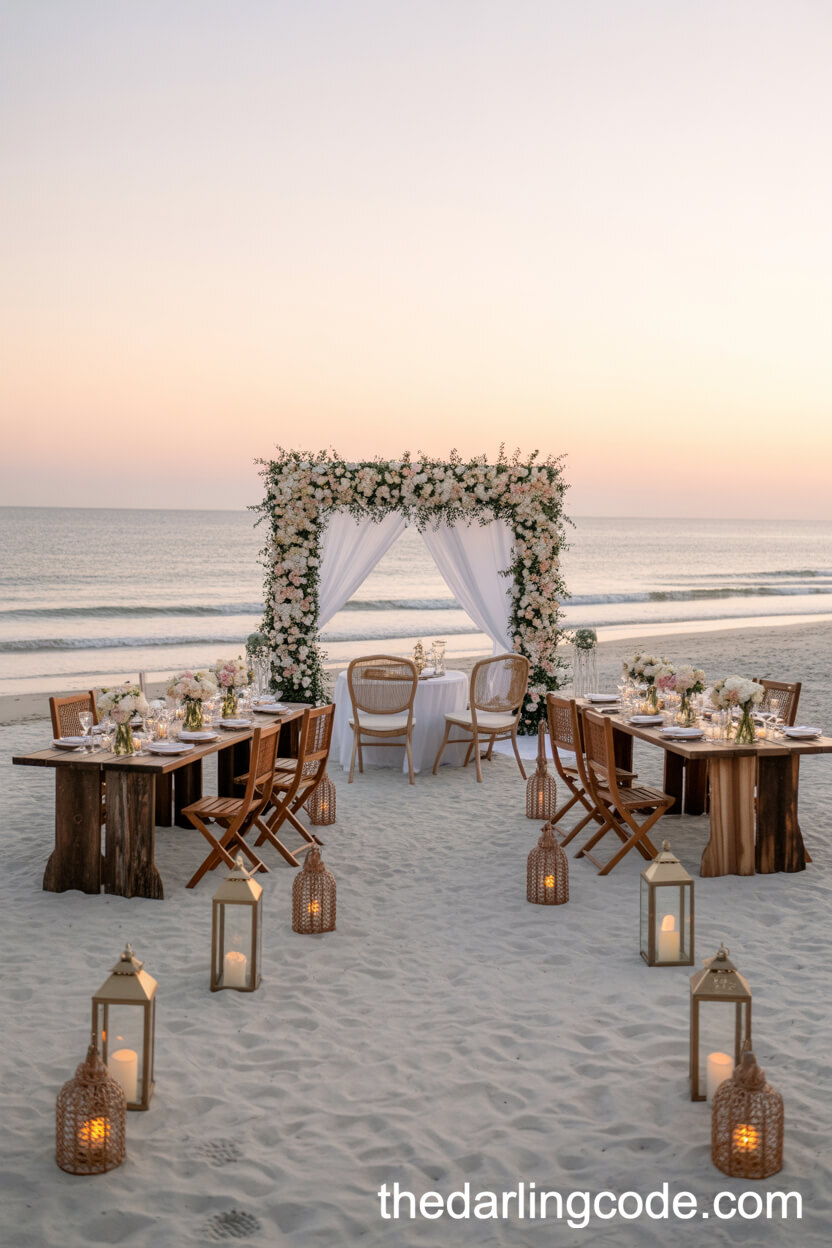 Beach Sunset Engagement With Floral Archway